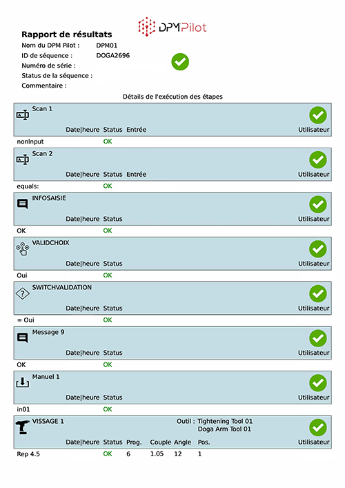 Rapport de résultats de vissage avec DPMPilot